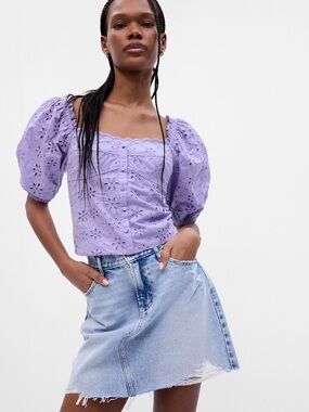 Gap Lavender Eyelet Puff-Sleeve Square Neck Top cotton